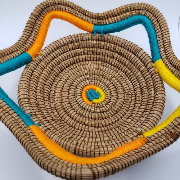 Handcrafted Woven Pine Needle Openwork Basket Orange Yellow Aqua - Picture 2 of 7